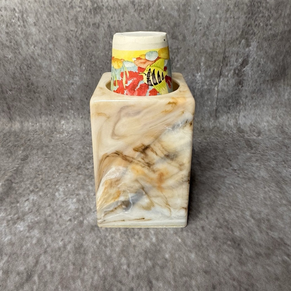 VTG Dixie Cup Bathroom Countertop Pop UP Dispenser Holder Faux Marble Plastic